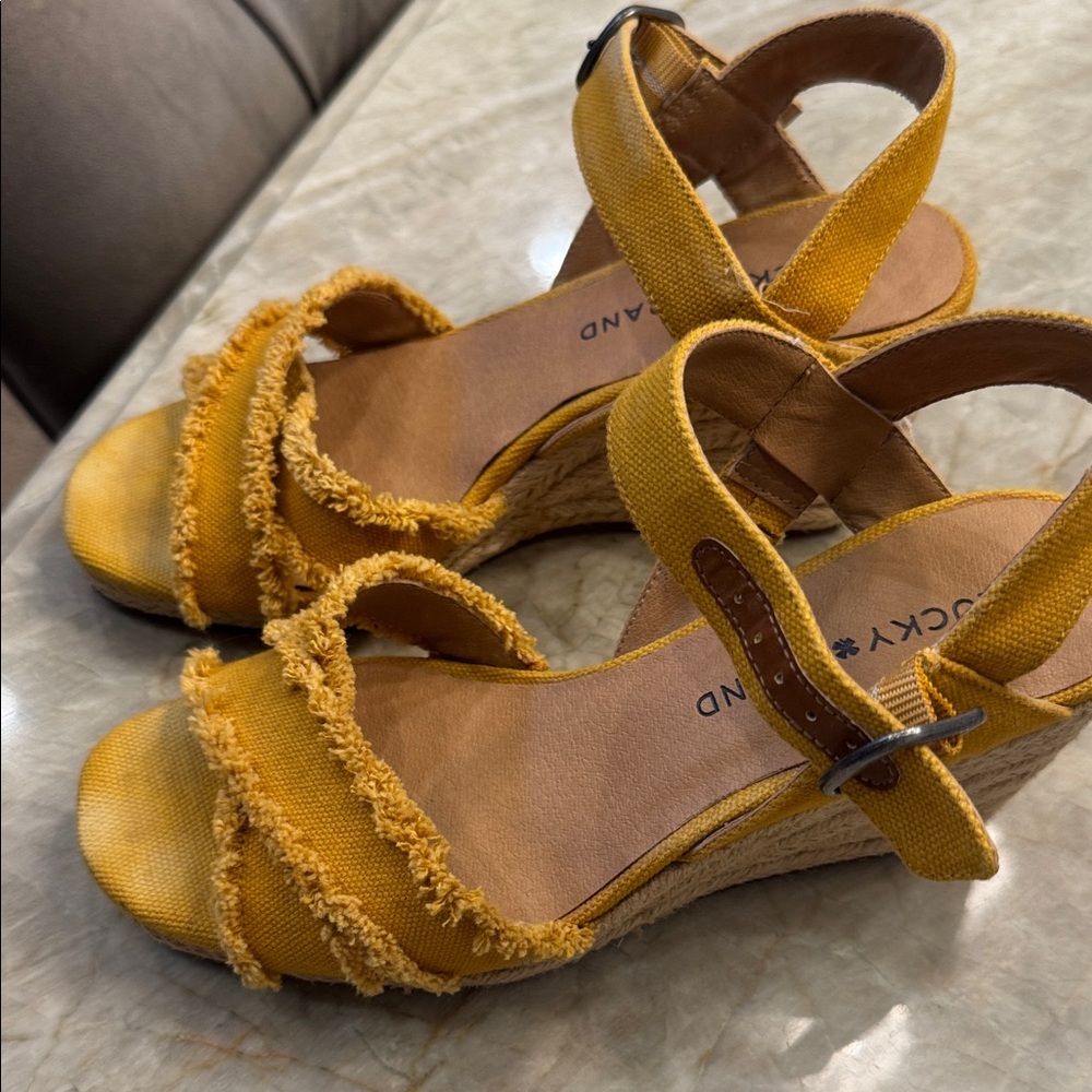 Lucky Brand Yellow Frayed Strap Wedge Sandals